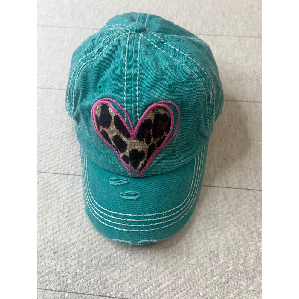 KBETHOS Vintage Teal Distressed Baseball Cap Leopard Heart Pink Embroidery Hat